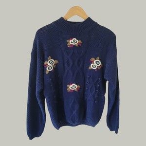 Vintage Marnie West Floral Sweater Pullover Blue Medium Cottagecore‎ Knit Jumper